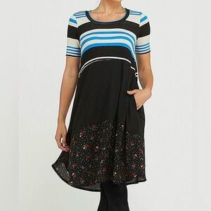 FRUMOS Color Block Stripe and Floral Black, Ivory/Tan & Blue Swing Dress Size S